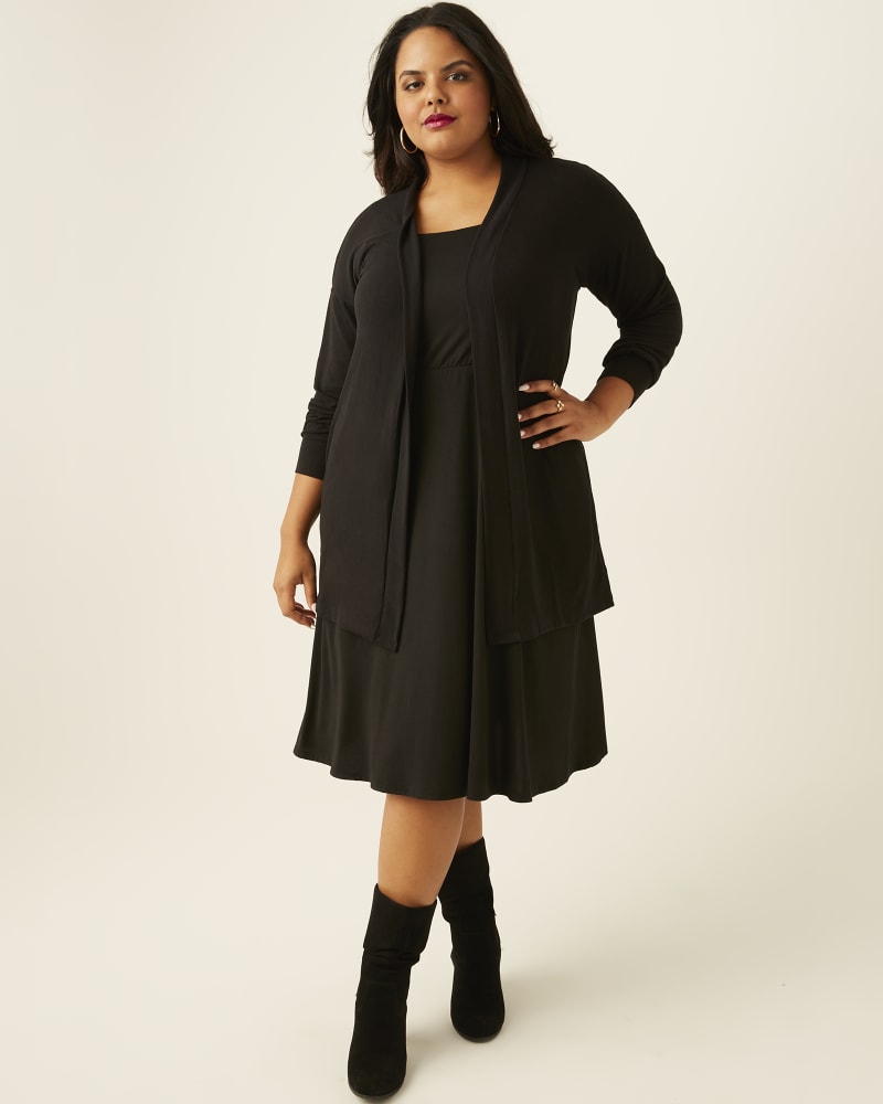Plus size model with pear body shape wearing Laura Open-Front Cardigan by Philosophy | Dia&Co | dia_product_style_image_id:172423